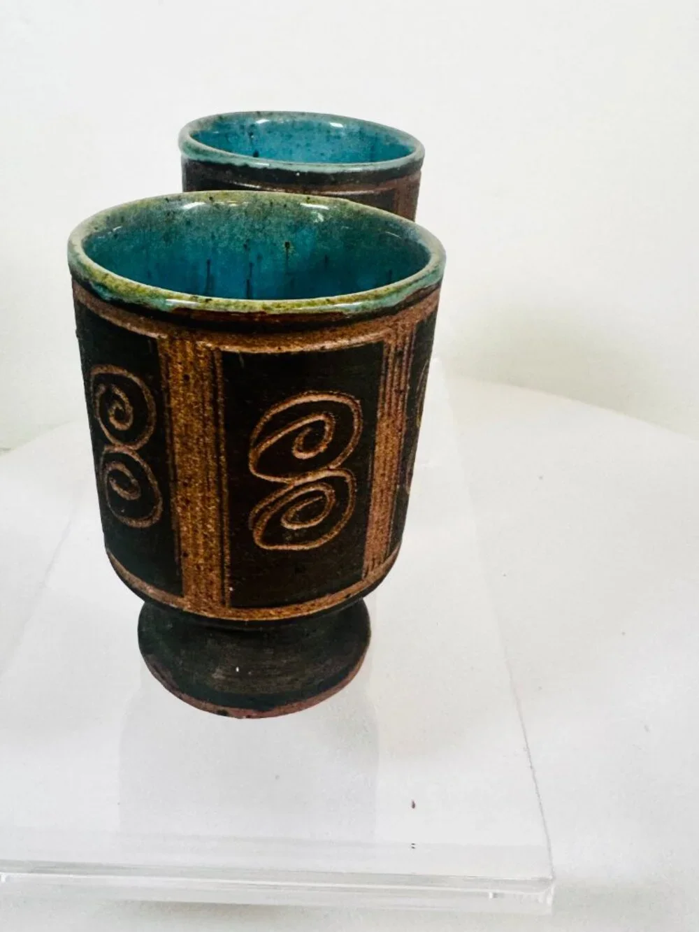 Vtg Set 2 Studio Pottery Stoneware Pedestal 3.25